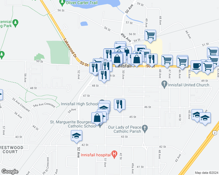 map of restaurants, bars, coffee shops, grocery stores, and more near 5035 48 Street in Innisfail