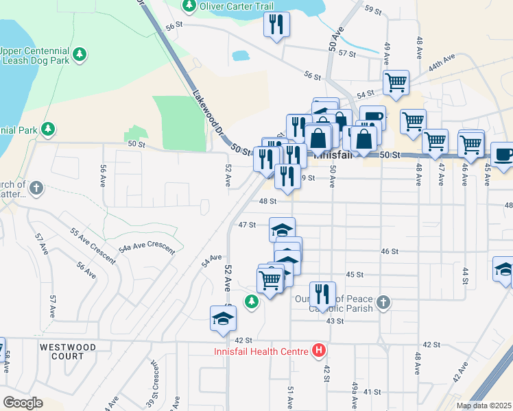 map of restaurants, bars, coffee shops, grocery stores, and more near in Innisfail