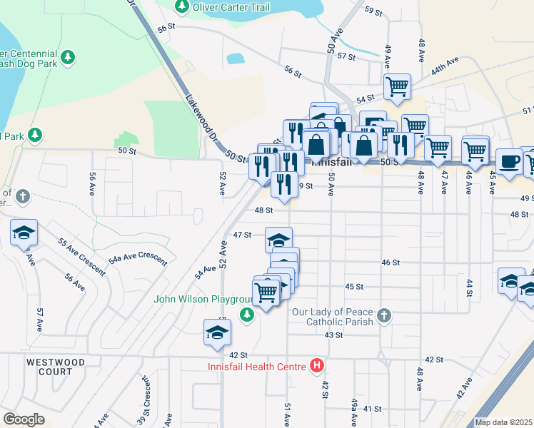 map of restaurants, bars, coffee shops, grocery stores, and more near 5123 48 Street in Innisfail