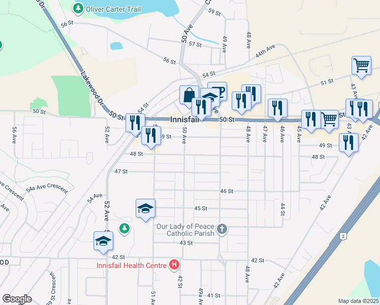 map of restaurants, bars, coffee shops, grocery stores, and more near 4932 48 Street in Innisfail
