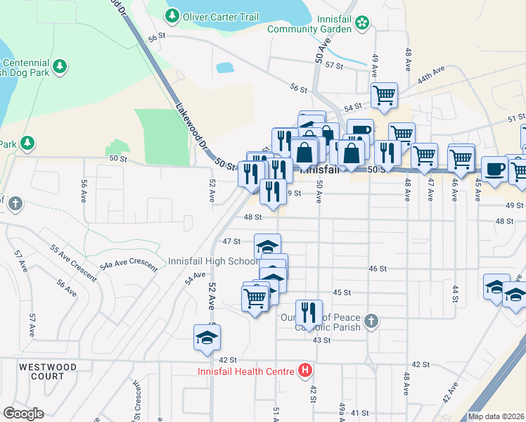 map of restaurants, bars, coffee shops, grocery stores, and more near 5116 48 Street in Innisfail