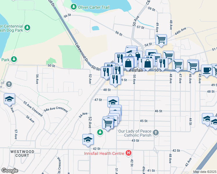 map of restaurants, bars, coffee shops, grocery stores, and more near 5124 48 Street in Innisfail