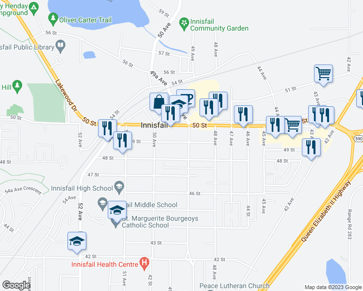 map of restaurants, bars, coffee shops, grocery stores, and more near 4911 49 Street in Innisfail
