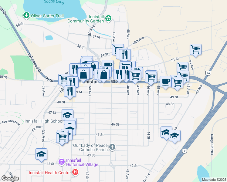 map of restaurants, bars, coffee shops, grocery stores, and more near in Innisfail