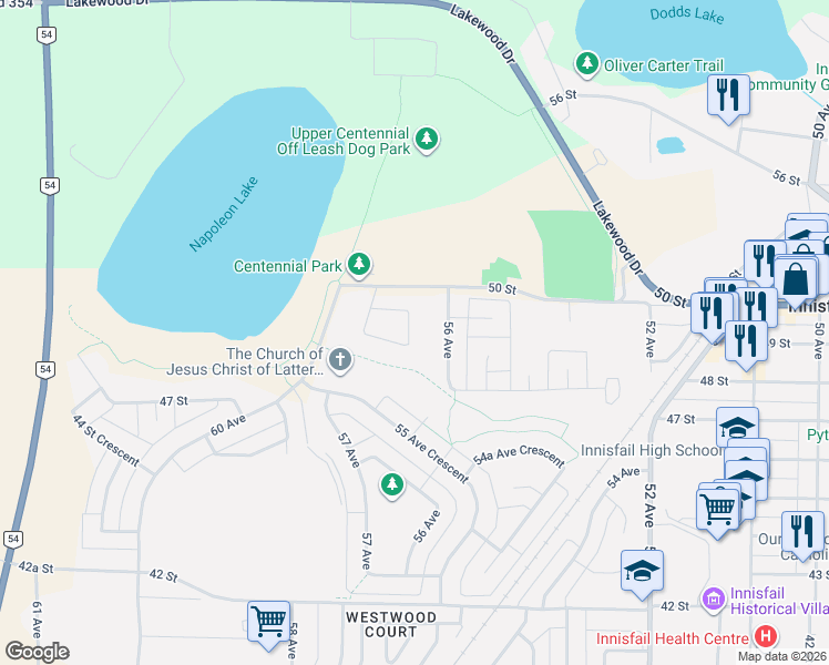 map of restaurants, bars, coffee shops, grocery stores, and more near 4907 56 Avenue in Innisfail