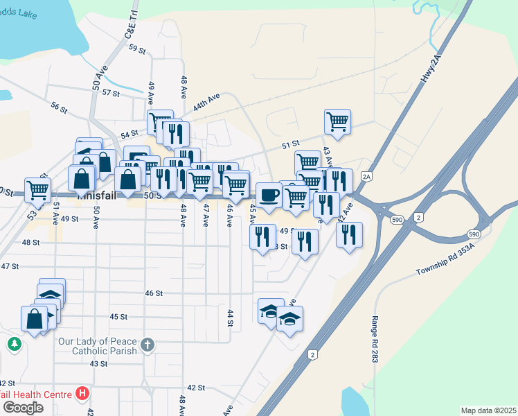 map of restaurants, bars, coffee shops, grocery stores, and more near 4415 50 Street in Innisfail