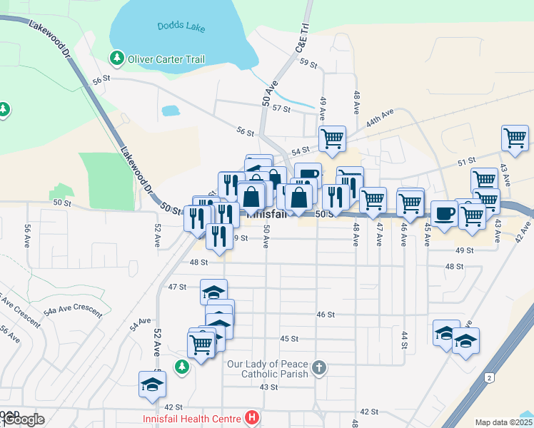 map of restaurants, bars, coffee shops, grocery stores, and more near in Innisfail