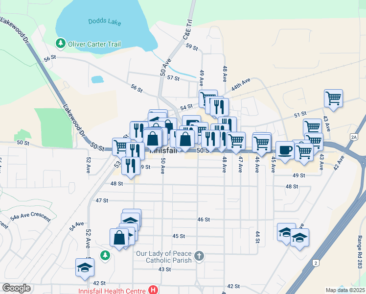 map of restaurants, bars, coffee shops, grocery stores, and more near 4904 50 Street in Innisfail
