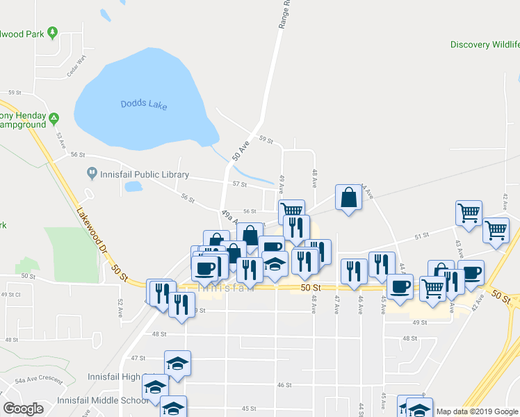 map of restaurants, bars, coffee shops, grocery stores, and more near 5604 49A Avenue in Innisfail