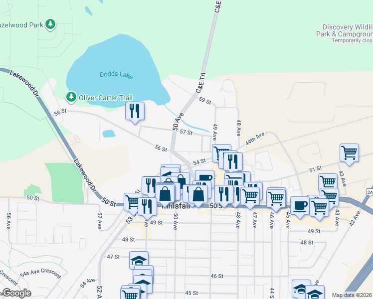 map of restaurants, bars, coffee shops, grocery stores, and more near 4924 56 Street in Innisfail