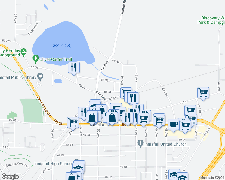 map of restaurants, bars, coffee shops, grocery stores, and more near 4912 56 Street in Innisfail