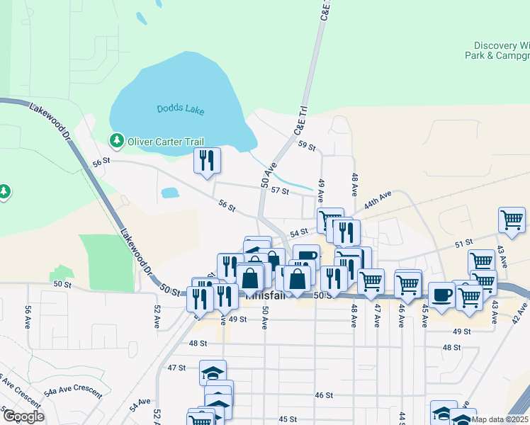 map of restaurants, bars, coffee shops, grocery stores, and more near 5604 50 Avenue in Innisfail