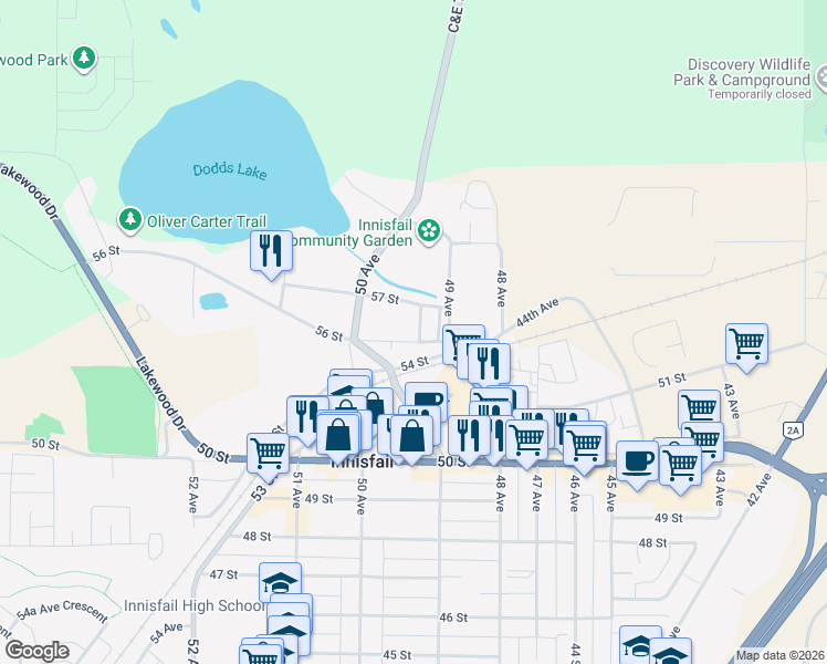 map of restaurants, bars, coffee shops, grocery stores, and more near 5604 49A Avenue in Innisfail