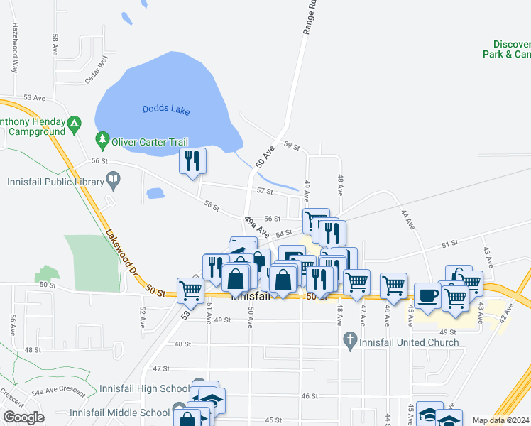 map of restaurants, bars, coffee shops, grocery stores, and more near 4932 56 Street in Innisfail