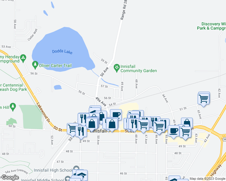 map of restaurants, bars, coffee shops, grocery stores, and more near 4911 57 Street in Innisfail