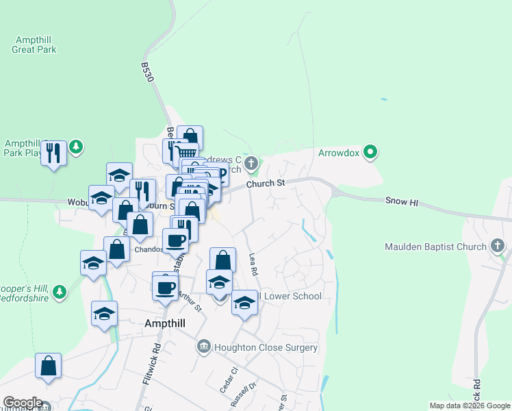 map of restaurants, bars, coffee shops, grocery stores, and more near Church Avenue in Ampthill