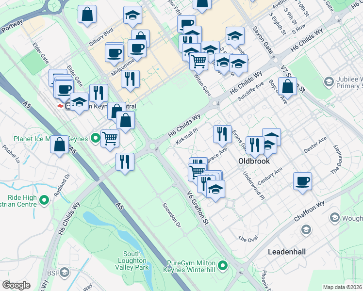 map of restaurants, bars, coffee shops, grocery stores, and more near in Oldbrook