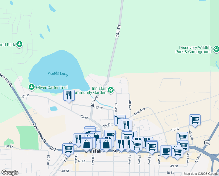 map of restaurants, bars, coffee shops, grocery stores, and more near 4928 59 Street in Innisfail