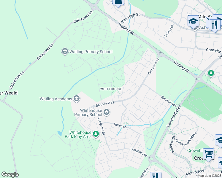 map of restaurants, bars, coffee shops, grocery stores, and more near in Milton Keynes
