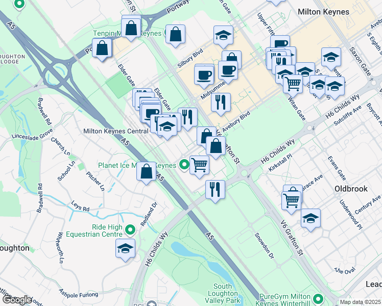map of restaurants, bars, coffee shops, grocery stores, and more near 89 Avebury Boulevard in Milton Keynes