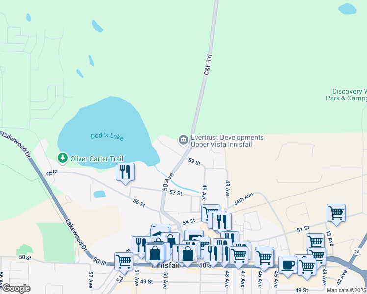 map of restaurants, bars, coffee shops, grocery stores, and more near 5901 50 Avenue in Innisfail