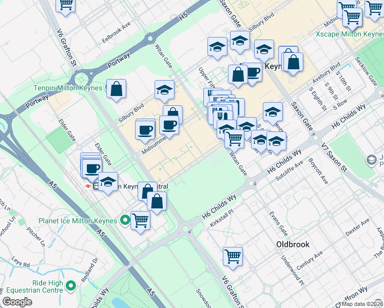 map of restaurants, bars, coffee shops, grocery stores, and more near 201 Avebury Boulevard in Milton Keynes