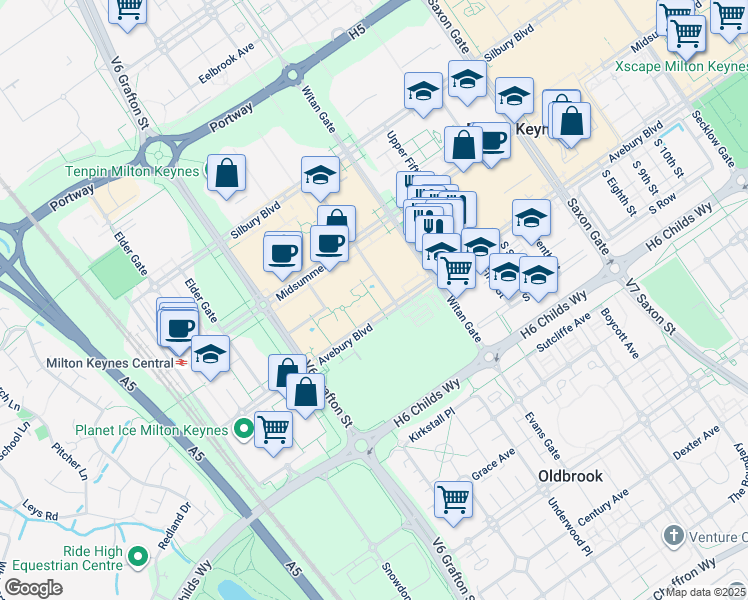 map of restaurants, bars, coffee shops, grocery stores, and more near in Milton Keynes