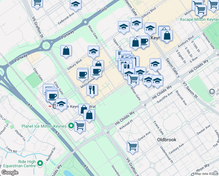 map of restaurants, bars, coffee shops, grocery stores, and more near 201 Avebury Boulevard in Milton Keynes
