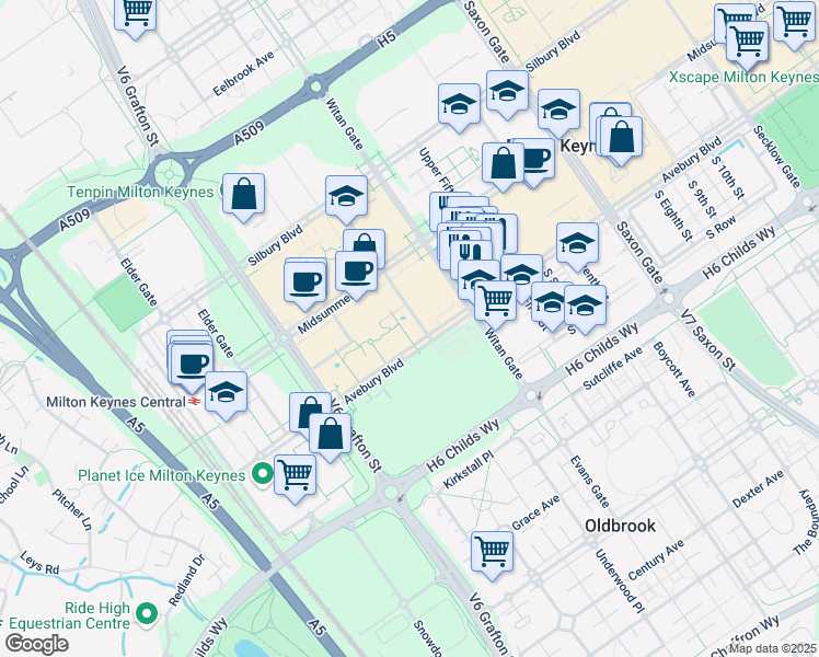 map of restaurants, bars, coffee shops, grocery stores, and more near 201-249 Avebury Boulevard in Milton Keynes