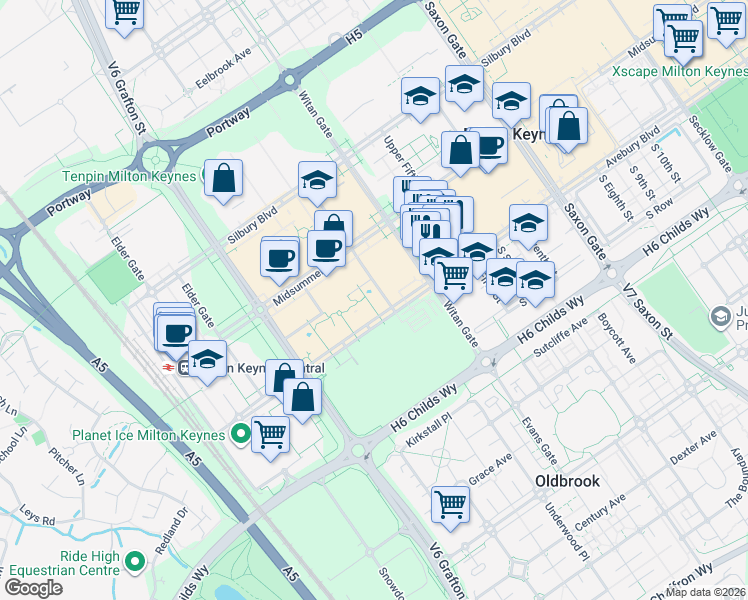 map of restaurants, bars, coffee shops, grocery stores, and more near in Milton Keynes