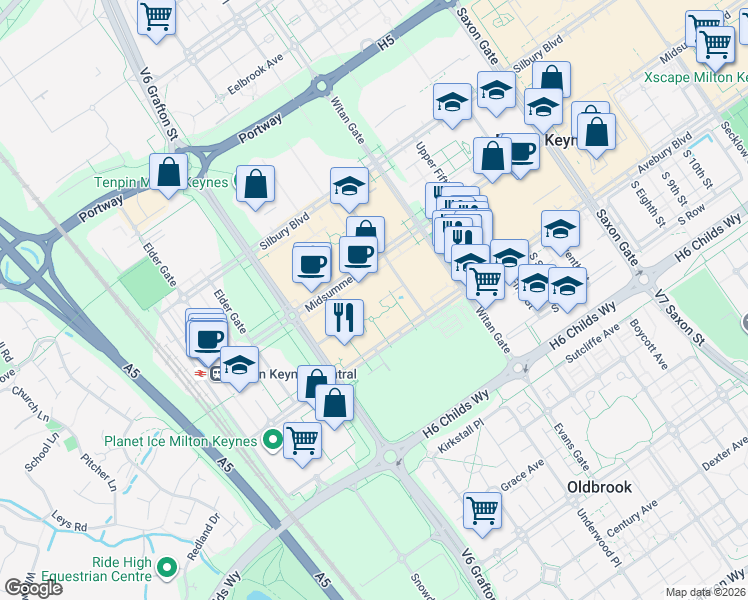 map of restaurants, bars, coffee shops, grocery stores, and more near 201-249 Avebury Boulevard in Milton Keynes