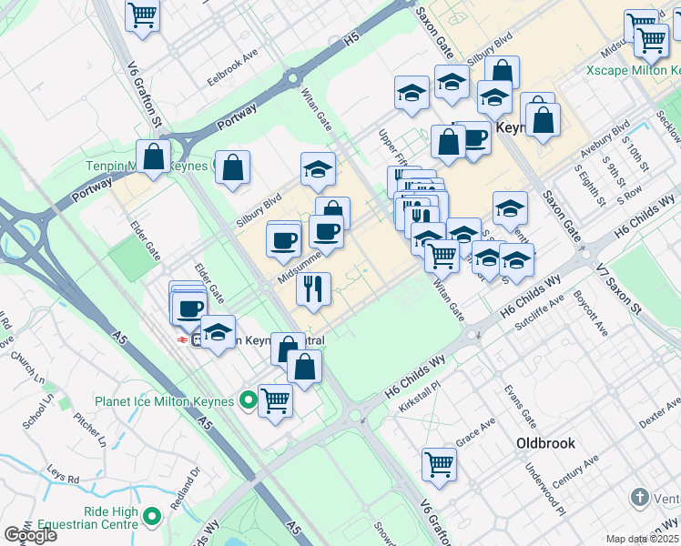 map of restaurants, bars, coffee shops, grocery stores, and more near in Milton Keynes