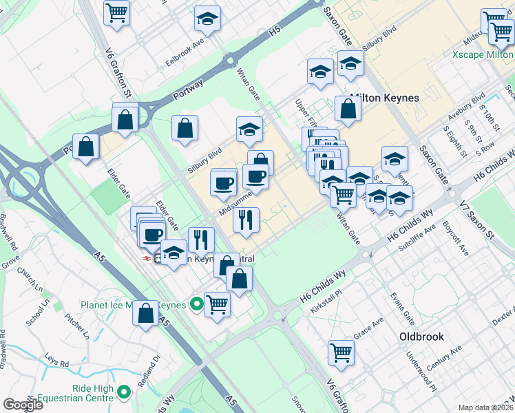 map of restaurants, bars, coffee shops, grocery stores, and more near 170 Midsummer Boulevard in Buckinghamshire