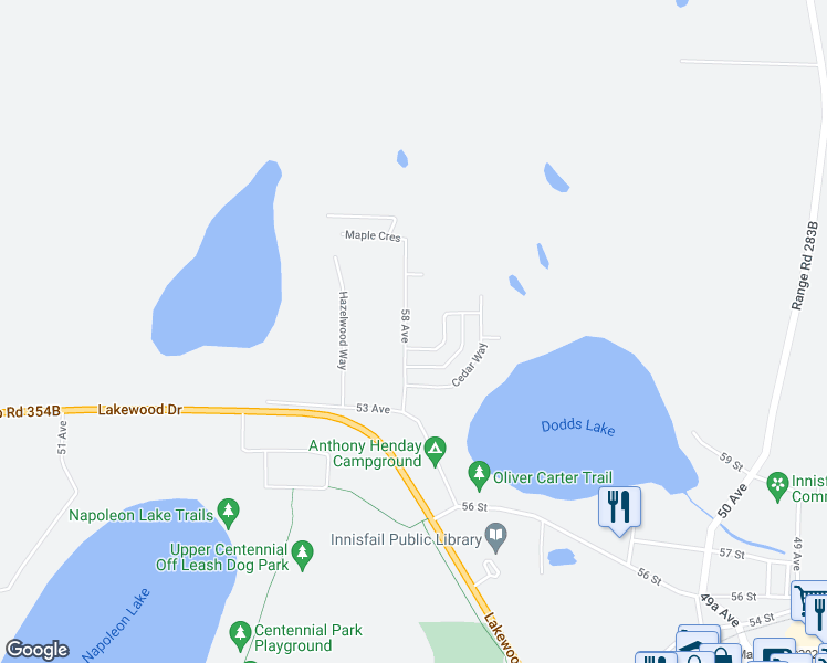 map of restaurants, bars, coffee shops, grocery stores, and more near 6332 58 Avenue in Innisfail