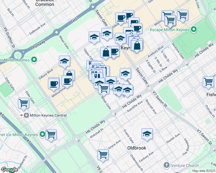 map of restaurants, bars, coffee shops, grocery stores, and more near 350 Avebury Boulevard in Milton Keynes