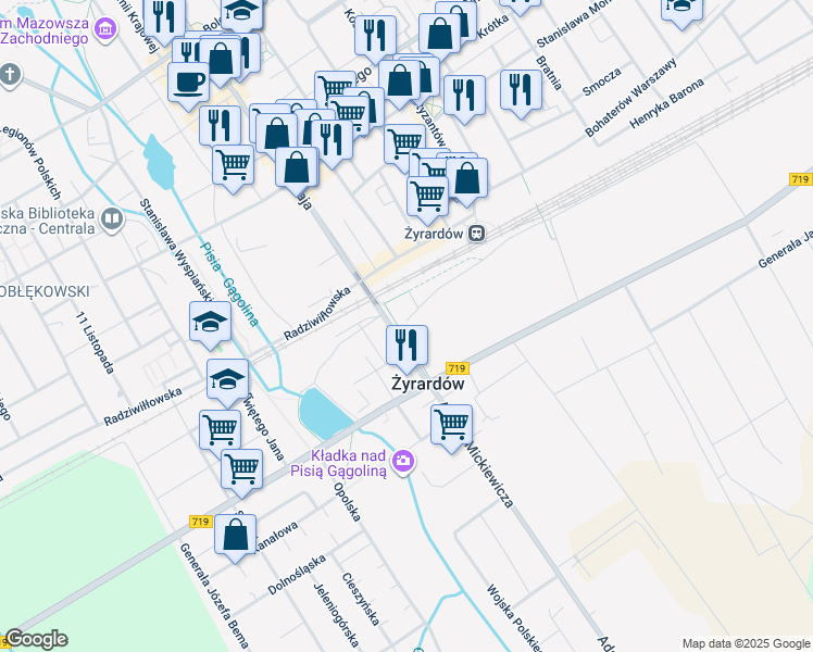 map of restaurants, bars, coffee shops, grocery stores, and more near 1-3 Adama Mickiewicza in Żyrardów
