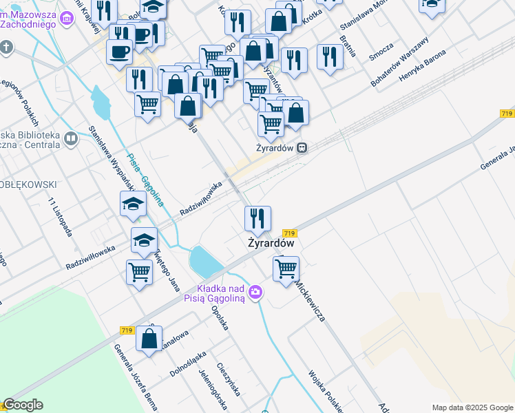 map of restaurants, bars, coffee shops, grocery stores, and more near 1-3 Adama Mickiewicza in Żyrardów