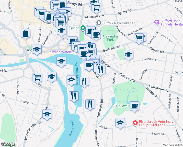 map of restaurants, bars, coffee shops, grocery stores, and more near 3 University Avenue in Suffolk