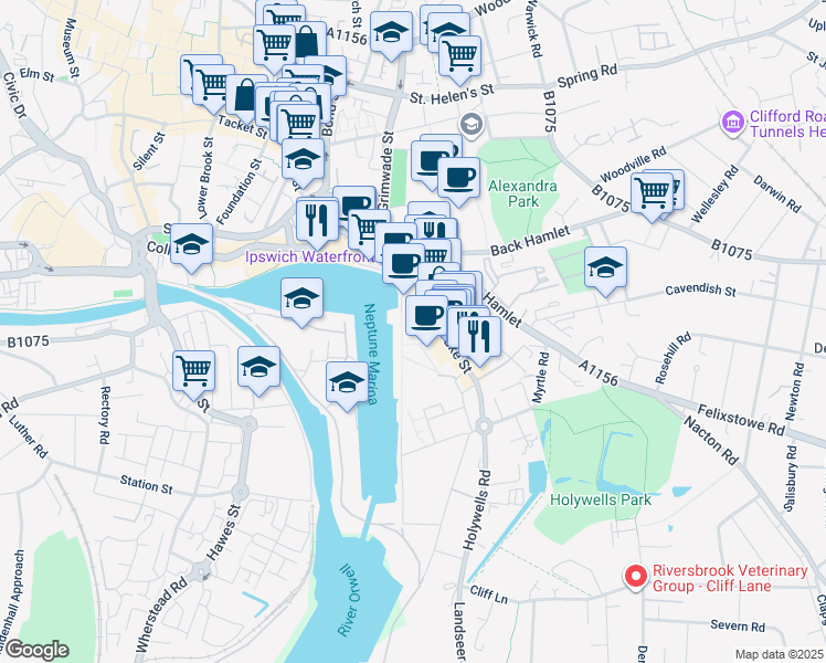 map of restaurants, bars, coffee shops, grocery stores, and more near 3 University Avenue in Suffolk
