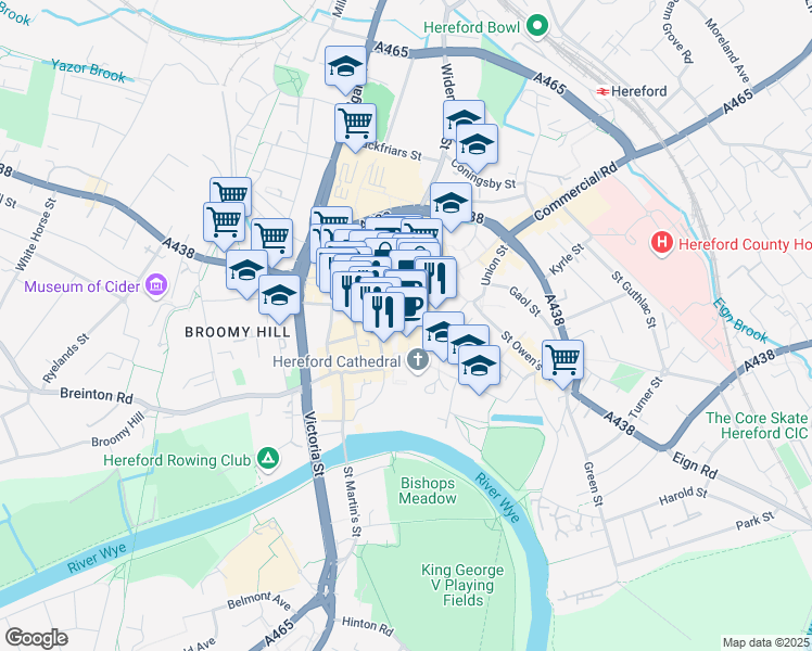 map of restaurants, bars, coffee shops, grocery stores, and more near  in Hereford