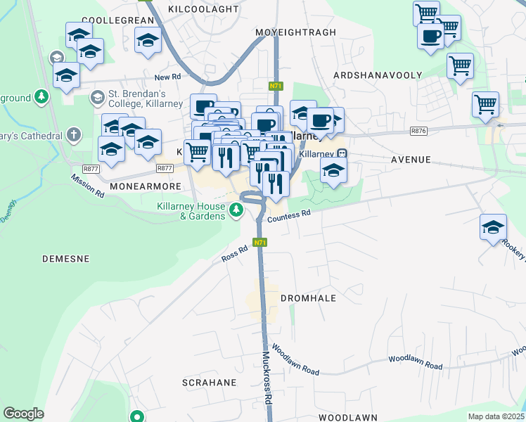 map of restaurants, bars, coffee shops, grocery stores, and more near The Haha in Killarney