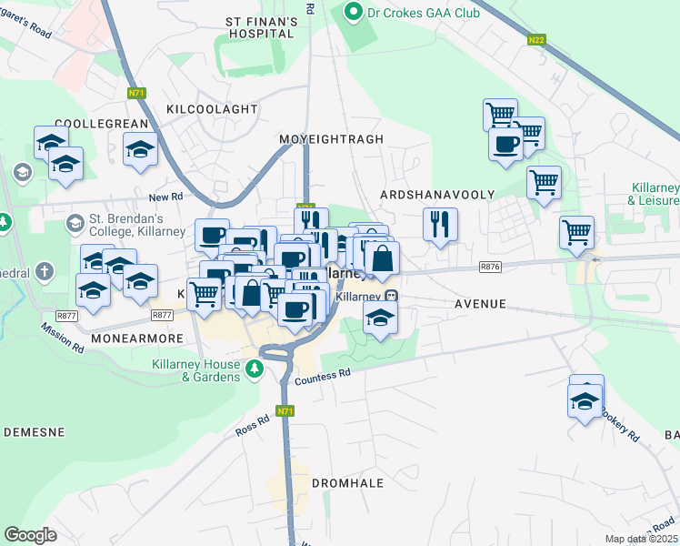 map of restaurants, bars, coffee shops, grocery stores, and more near in Killarney