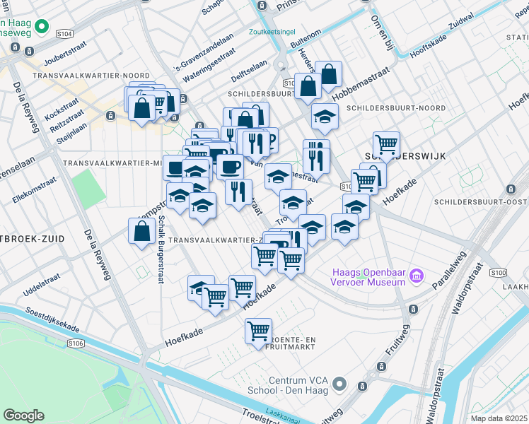 map of restaurants, bars, coffee shops, grocery stores, and more near 242 De Heemstraat in Den Haag