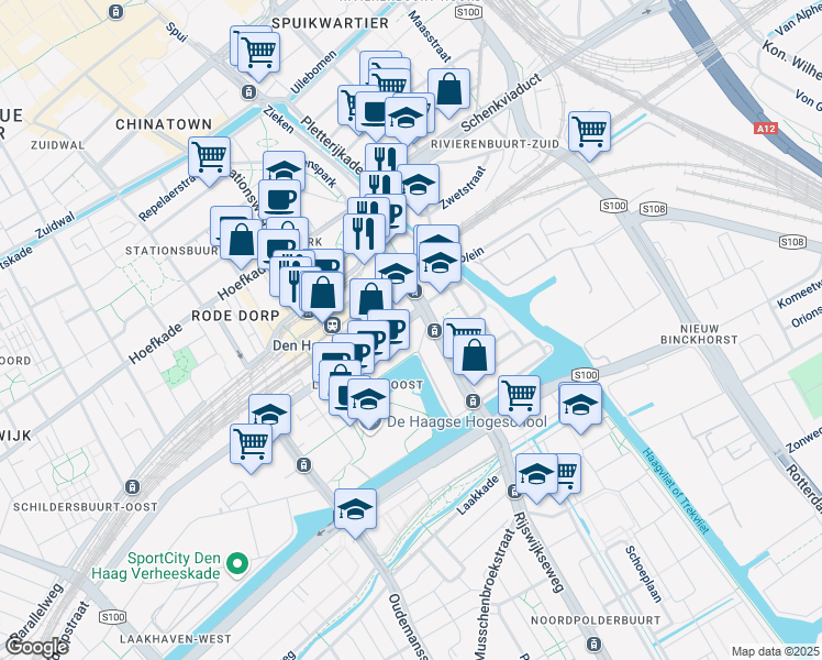 map of restaurants, bars, coffee shops, grocery stores, and more near 1 Enthovenplein in The Hague