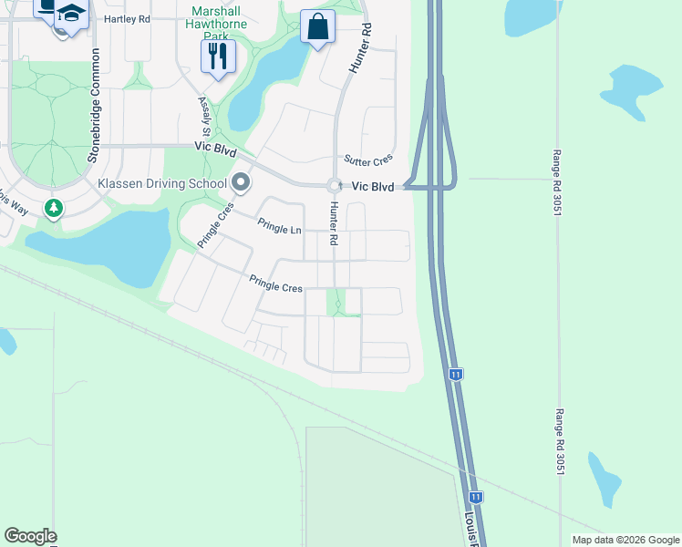 map of restaurants, bars, coffee shops, grocery stores, and more near 1418 Hunter Road in Saskatoon