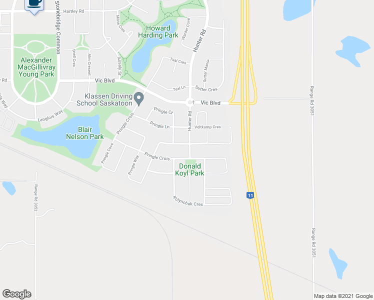 map of restaurants, bars, coffee shops, grocery stores, and more near 1418 Hunter Road in Saskatoon