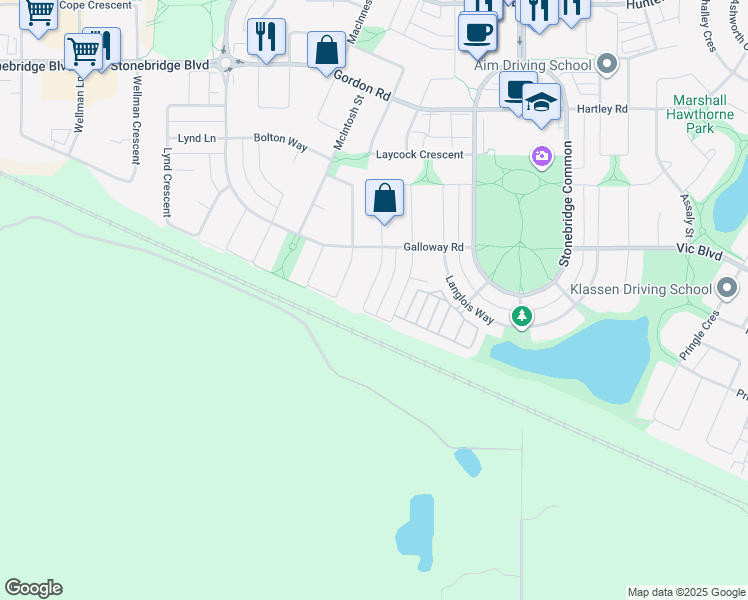map of restaurants, bars, coffee shops, grocery stores, and more near 147 Levalley Cove in Saskatoon