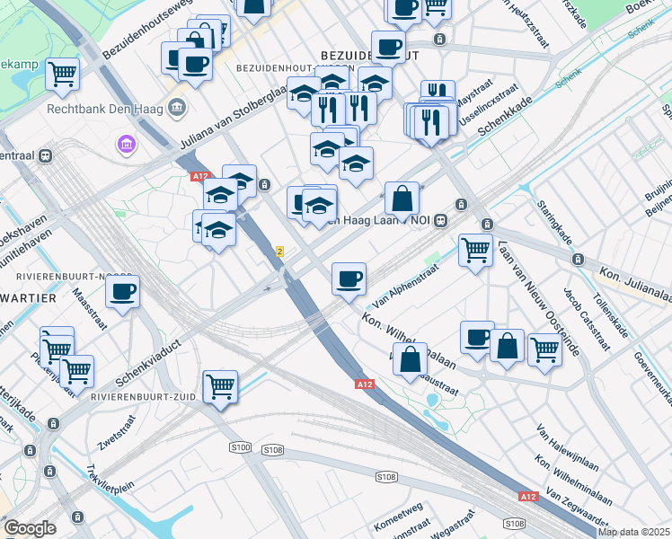 map of restaurants, bars, coffee shops, grocery stores, and more near 800 Prinses Beatrixlaan in Den Haag