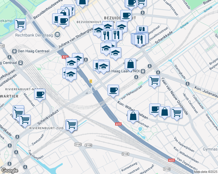 map of restaurants, bars, coffee shops, grocery stores, and more near 800 Prinses Beatrixlaan in Den Haag