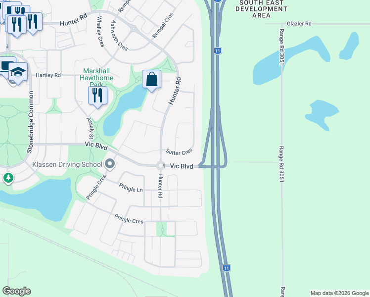 map of restaurants, bars, coffee shops, grocery stores, and more near 743 Sutter Crescent in Saskatoon